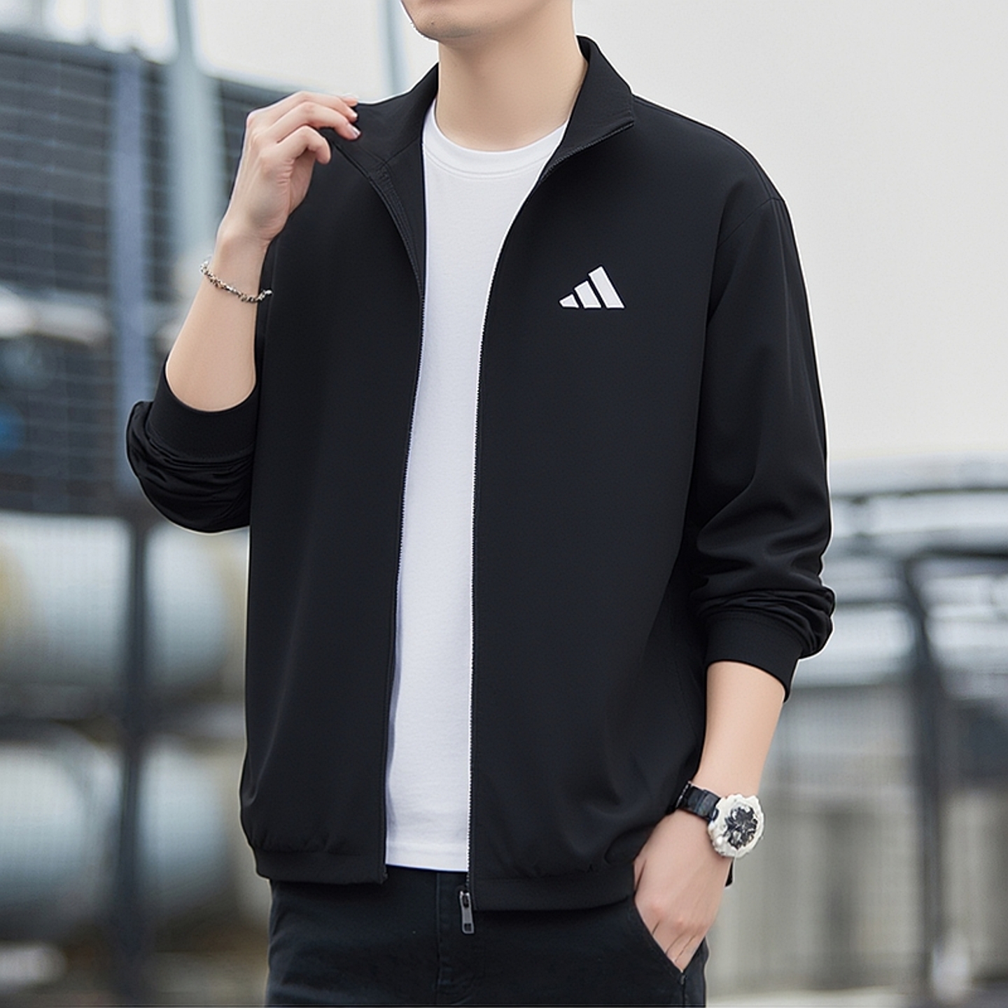 阿迪达斯纯色简约外套春秋季新款百搭运动服宽松防风立领夹克上衣