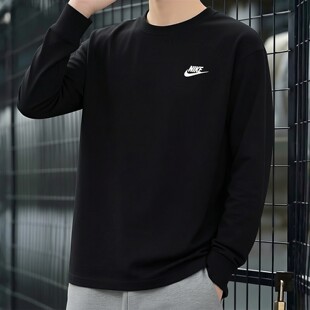 NIKE耐克纯棉黑色长袖男子运动T恤秋季新款上衣薄款打底衫休闲装