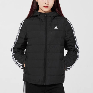 阿迪达斯轻薄羽绒服女冬季新款加厚连帽外套三条杠运动棉袄IK2376