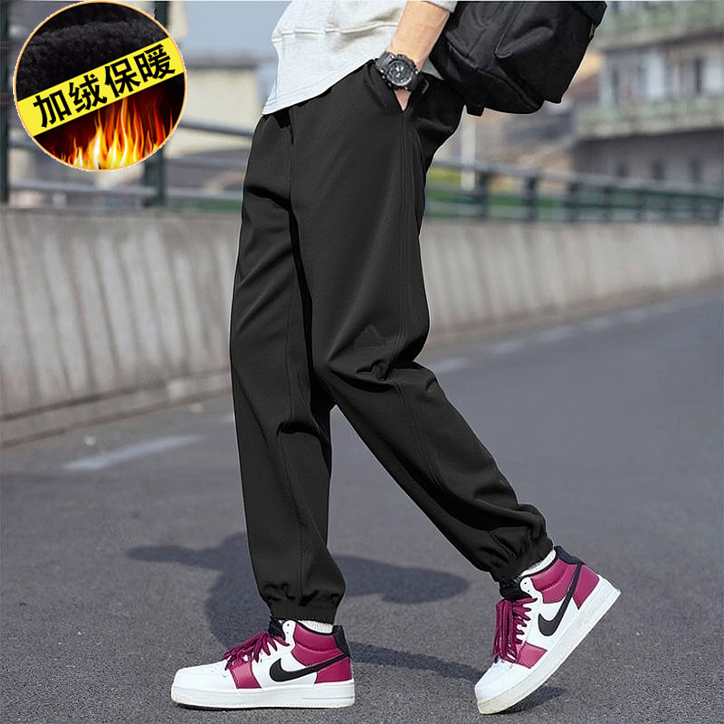 阿迪达斯加绒裤子男冬季新款加厚保暖宽松小脚运动裤宽松休闲卫裤