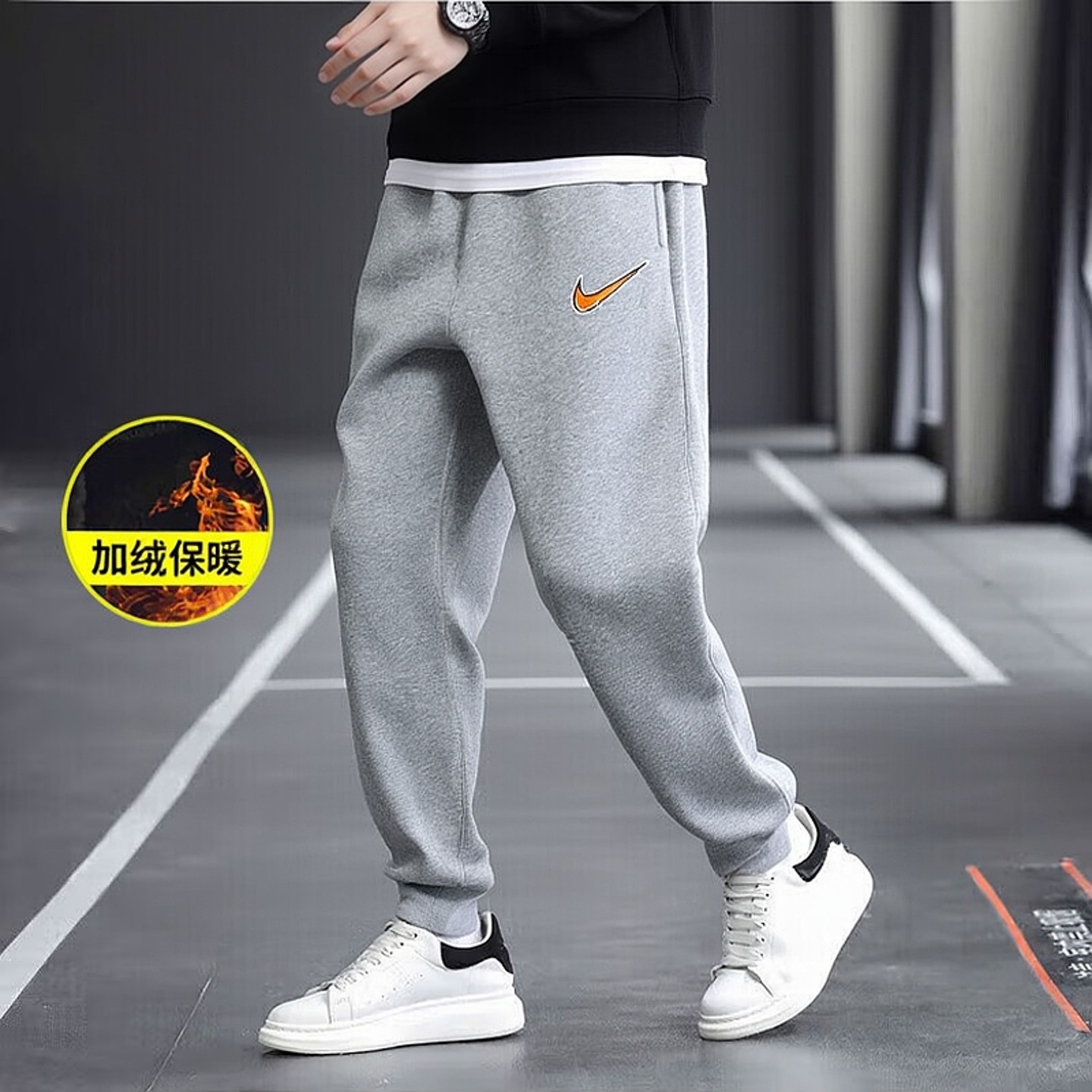 灰色长裤Nike耐克加绒裤子冬季新款男裤针织厚款运动裤保暖小脚裤