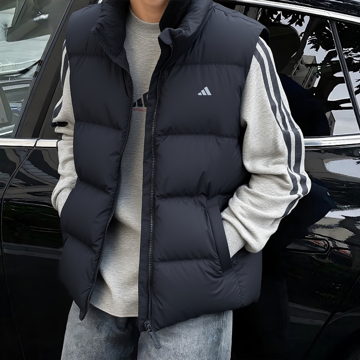 阿迪达斯羽绒马甲男冬季新款黑色美式立领宽松加厚户外鸭绒背心男