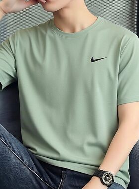 Nike耐克绿色冰丝短袖男士速干T恤健身训练服上衣新款防晒运动装