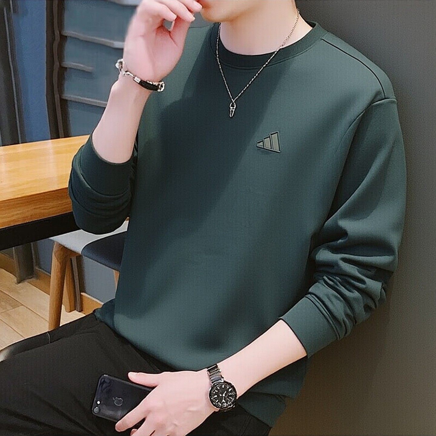 阿迪达斯纯棉卫衣男春季新款休闲打底衫运动服宽松绿色长袖T恤男