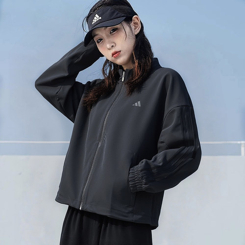 阿迪达斯梭织防风衣女春季新款透气黑色休闲外套户外训练立领夹克