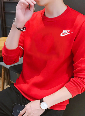 本命年红色加绒Nike卫衣男士跑步冬季新款训练运动厚款耐克套头衫