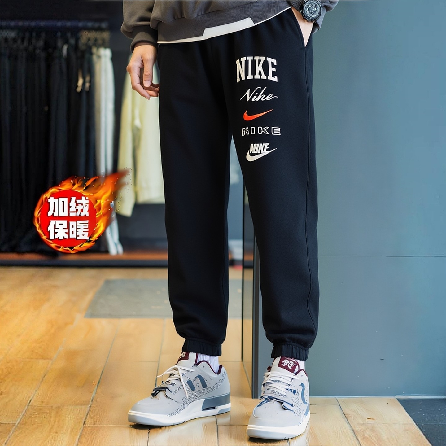 Nike耐克裤子正品黑色长裤加绒男裤冬季新款小脚裤厚款运动裤卫裤