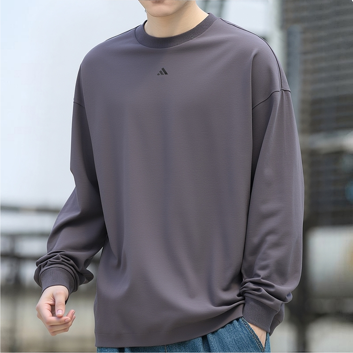 阿迪达斯长袖T恤男装秋季新款运动服针织纯棉卫衣宽松圆领上衣