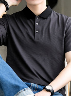 阿迪达斯灰色polo衫男夏季新款宽松透气运动冰丝半袖翻领条纹短袖