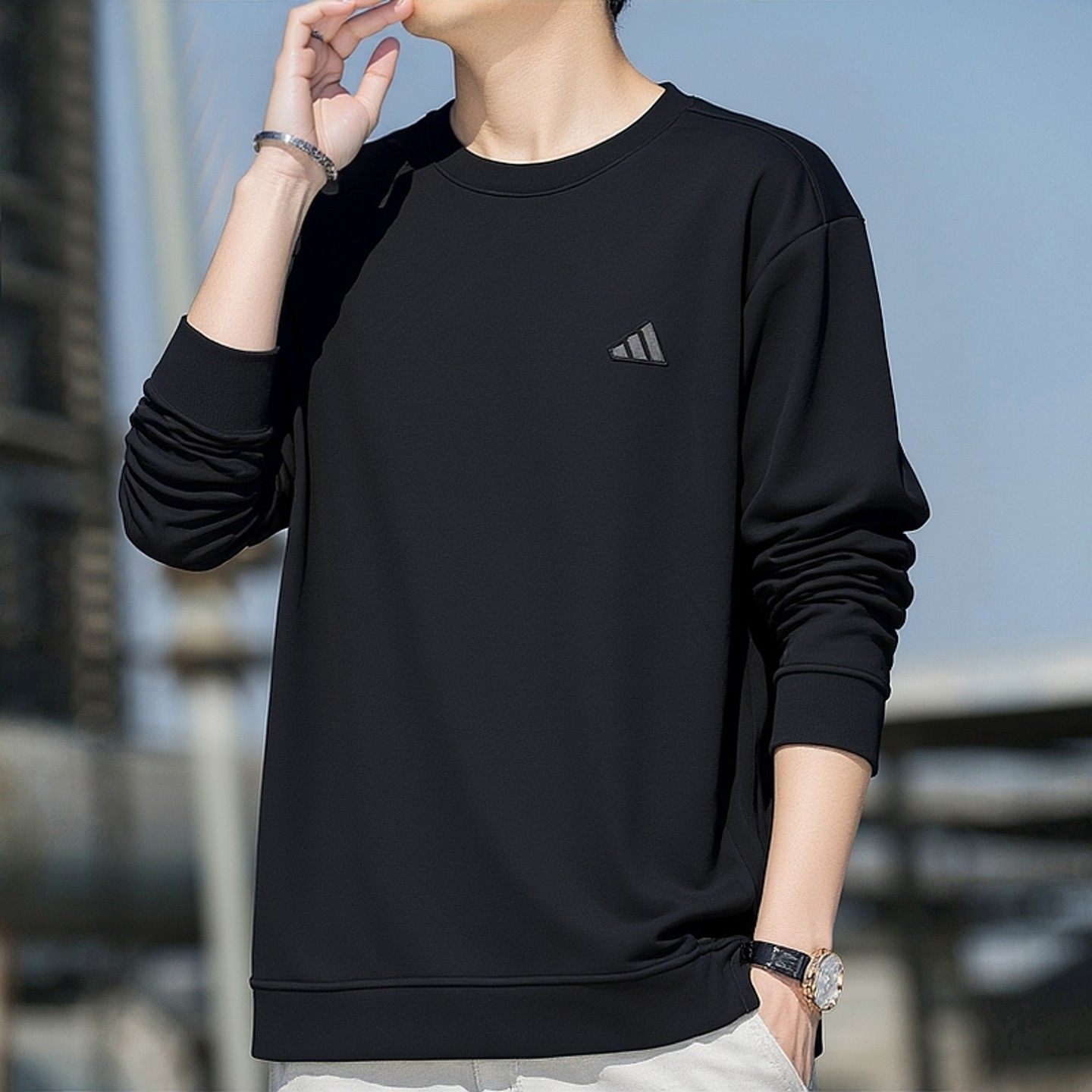 阿迪达斯黑色卫衣男春季新款纯棉打底衫休闲宽松运动服男士上衣