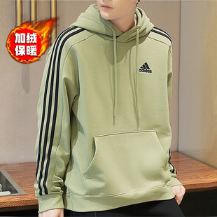阿迪达斯绿色卫衣男冬季新款加绒连帽衫复古宽松运动套头外套上衣
