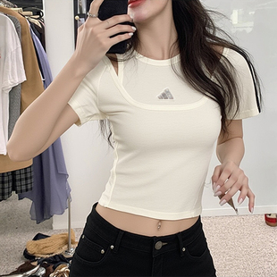 阿迪达斯短袖女夏季新款假两件短款上衣复古韩版复古辣妹露脐T恤