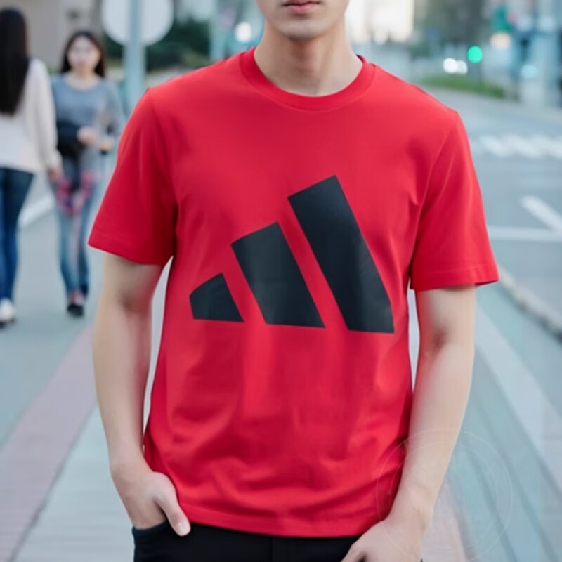 阿迪达斯红色短袖男夏季新款运动服时尚休闲T恤透气纯棉圆领上衣