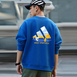 阿迪达斯加绒卫衣男冬季新款美式蓝色宽松运动服篮球上衣印花外套