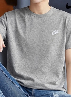 Nike耐克灰色短袖正品纯棉T恤男士运动装夏季新款圆领上衣五分袖
