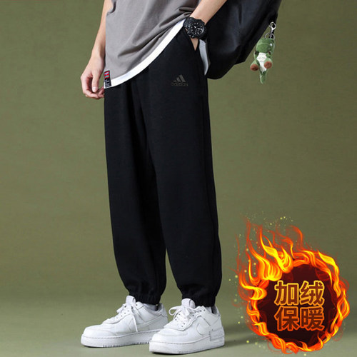 阿迪达斯加绒裤子男冬季新款黑色卫裤保暖篮球加厚宽松针织束脚裤