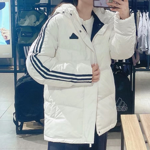 阿迪达斯白色羽绒服女冬季新款加厚鸭绒三条杠韩版拒水泡芙面包服