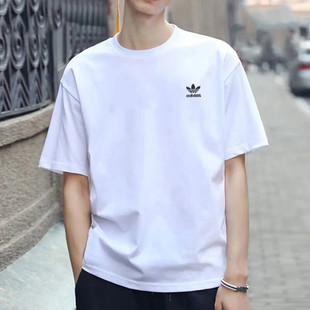 阿迪达斯三叶草短袖男夏季新款宽松纯棉半袖运动篮球美式白色T恤