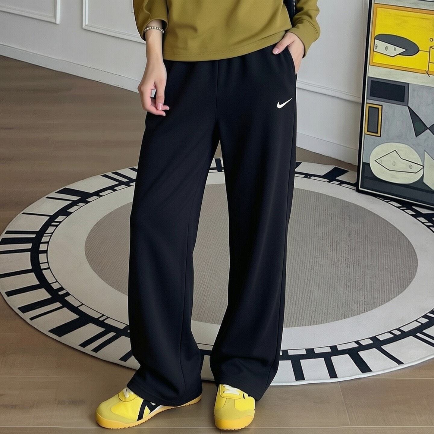 Nike耐克新款黑色长裤宽松直筒女裤针织棉质运动裤柔软小标休闲裤