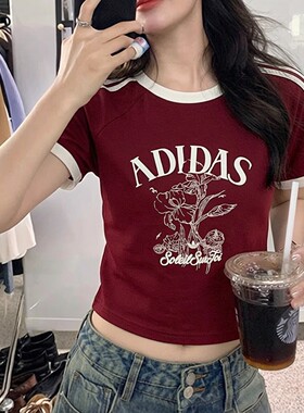 阿迪达斯短款T恤女短袖夏季新款韩版复古美式辣妹纯棉上衣KX0734