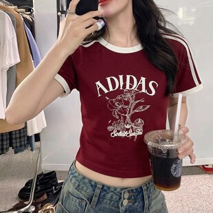 阿迪达斯短款T恤女短袖夏季新款韩版复古美式辣妹纯棉上衣KX0734