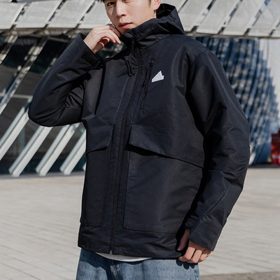 阿迪达斯男外套秋季新款加厚防风中长款梭织连帽加绒夹克IT3951