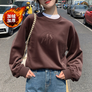 阿迪达斯加绒卫衣女秋季新款厚上衣保暖美式棕色运动灯芯绒套头衫