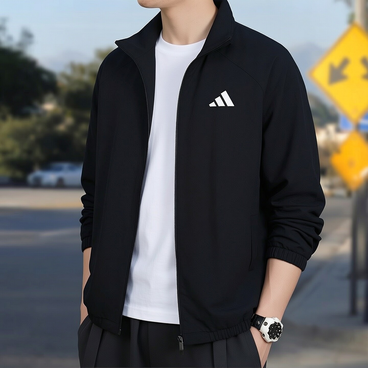 阿迪达斯外套男士新款运动服宽松休闲梭织简约上衣防风立领夹克