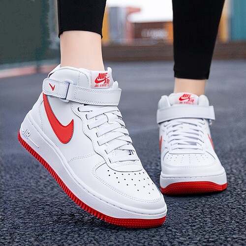 Nike耐克女鞋秋季新款AF1空军一号魔术贴白红厚底高帮板鞋 FN1193