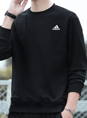 阿迪达斯长袖T恤男秋季款运动休闲套头衫黑色圆领宽松卫衣IC9329