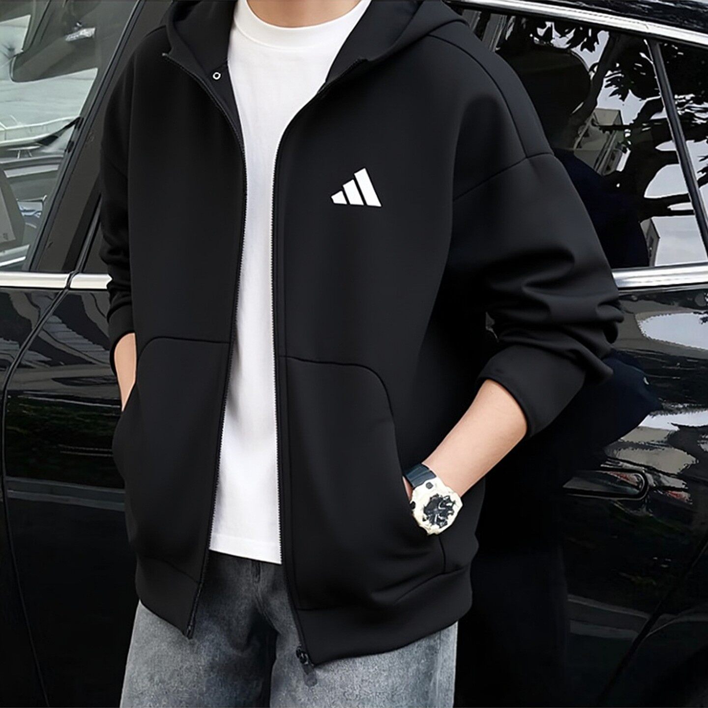 阿迪达斯外套男春季新款针织宽松连帽衫运动黑色防风休闲男士夹克