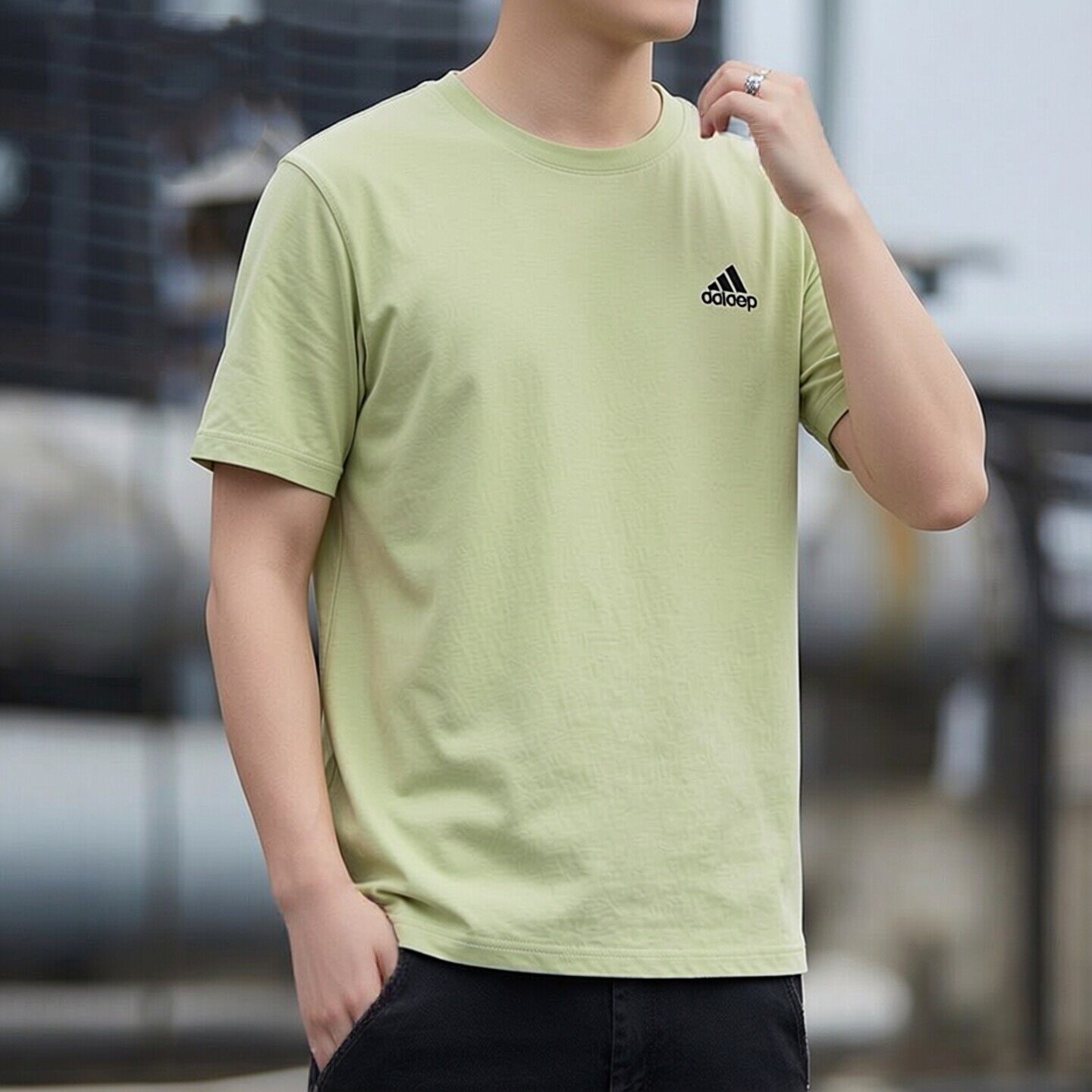阿迪达斯圆领短袖t恤男夏季休闲宽松绿色体恤衫男纯棉半袖上衣