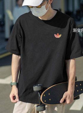 阿迪达斯三叶草短袖男夏季新款宽松大码半袖美式篮球纯棉黑色T恤