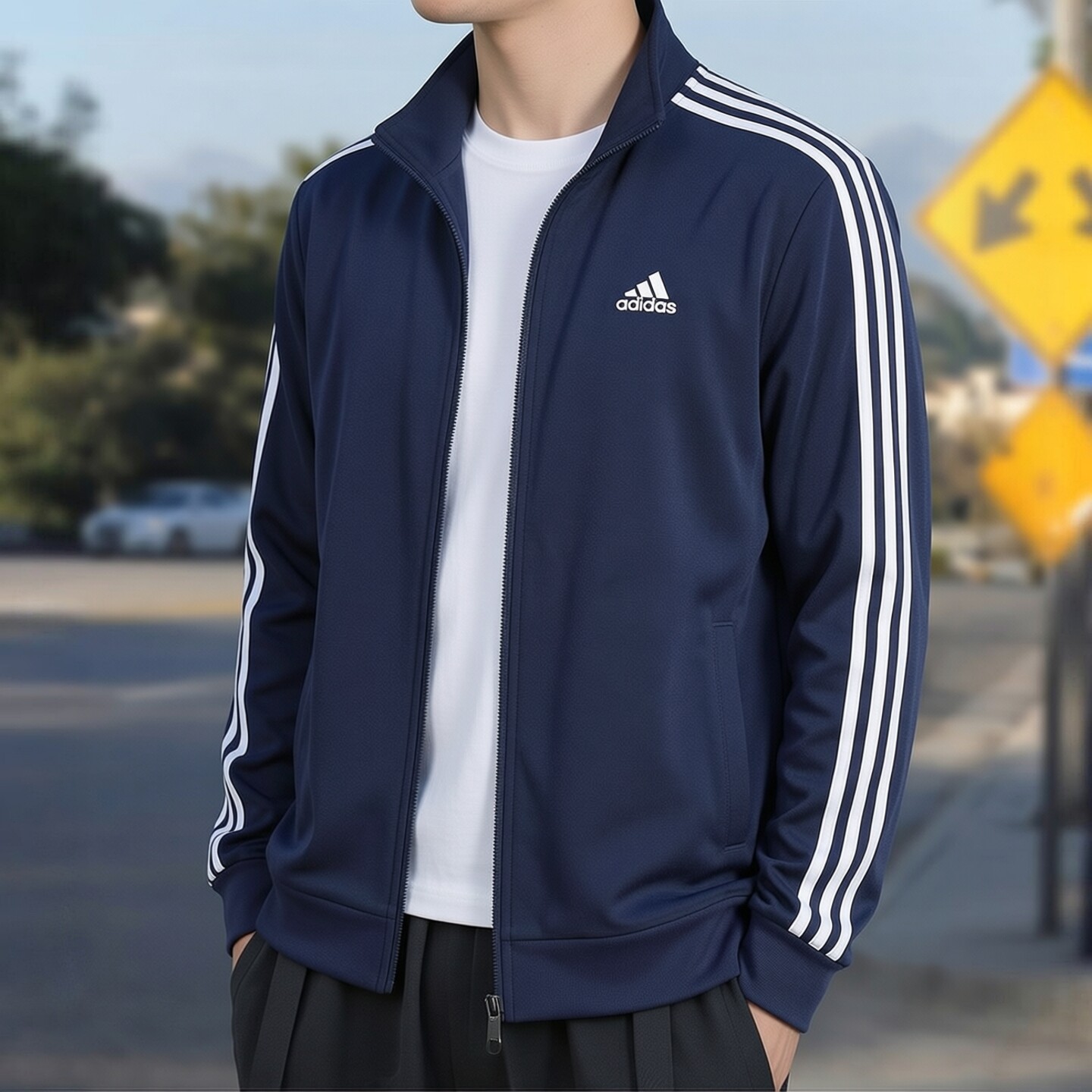 阿迪达斯蓝色外套男装新款三条纹运动服立领防风夹克开衫休闲上衣