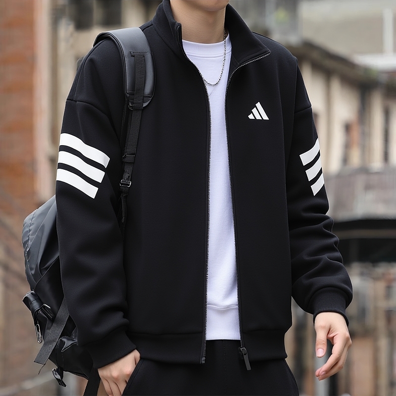 阿迪达斯外套男秋季新款针织宽松篮球运动服休闲运动防风立领夹克