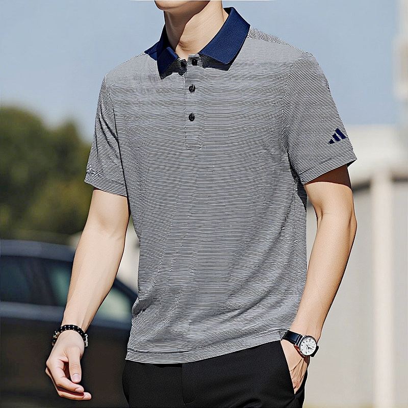 阿迪达斯翻领短袖男夏季新款休闲男装宽松商务运动上衣条纹POLO衫