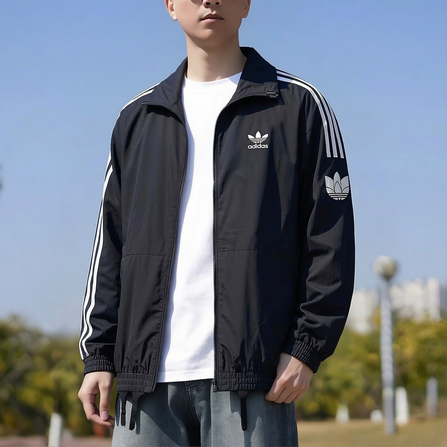 阿迪达斯三叶草外套男新款运动休闲服宽松大码篮球服透气立领夹克