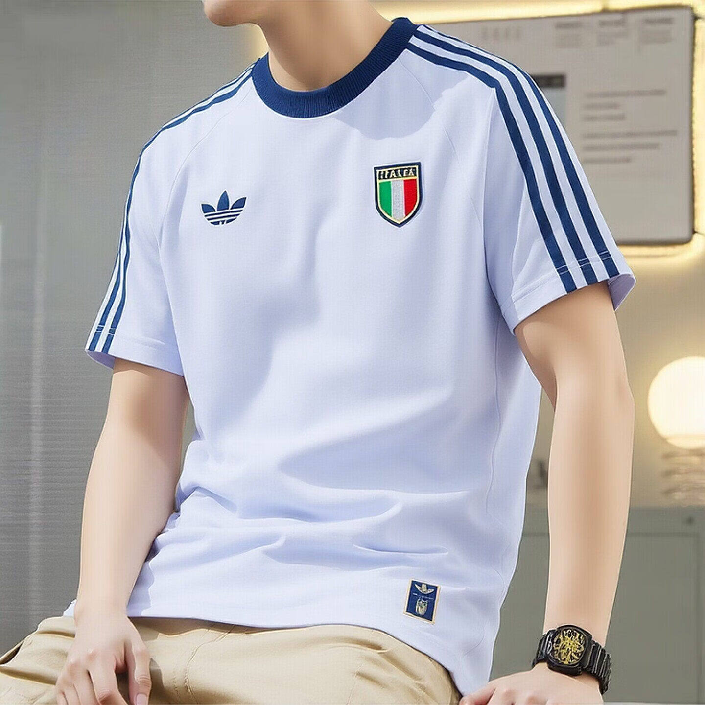 阿迪达斯三叶草纯棉短袖男夏季透气圆领蓝色上衣学生T恤衫半袖