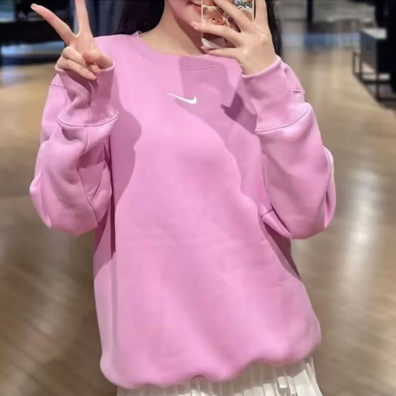 Nike耐克女装户外紫色运动宽松休闲服加绒保暖圆领套头卫衣DQ5734