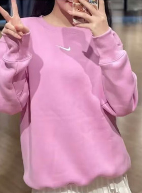 Nike耐克女装户外紫色运动宽松休闲服加绒保暖圆领套头卫衣DQ5734