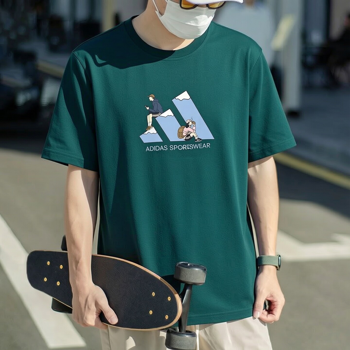 阿迪达斯短袖男夏季新款宽松篮球运动服美式印花绿色半袖纯棉T恤