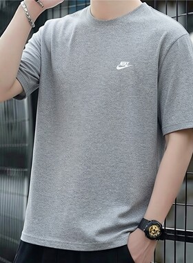 NIKE耐克灰色短袖男子纯棉运动T恤夏季新款圆领上衣正品休闲半袖