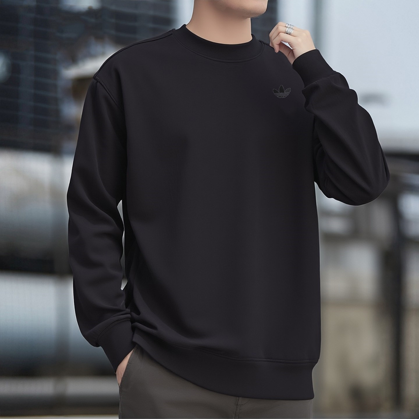 阿迪达斯三叶草黑色卫衣男士春季健身训练运动服棉质休闲圆领外套