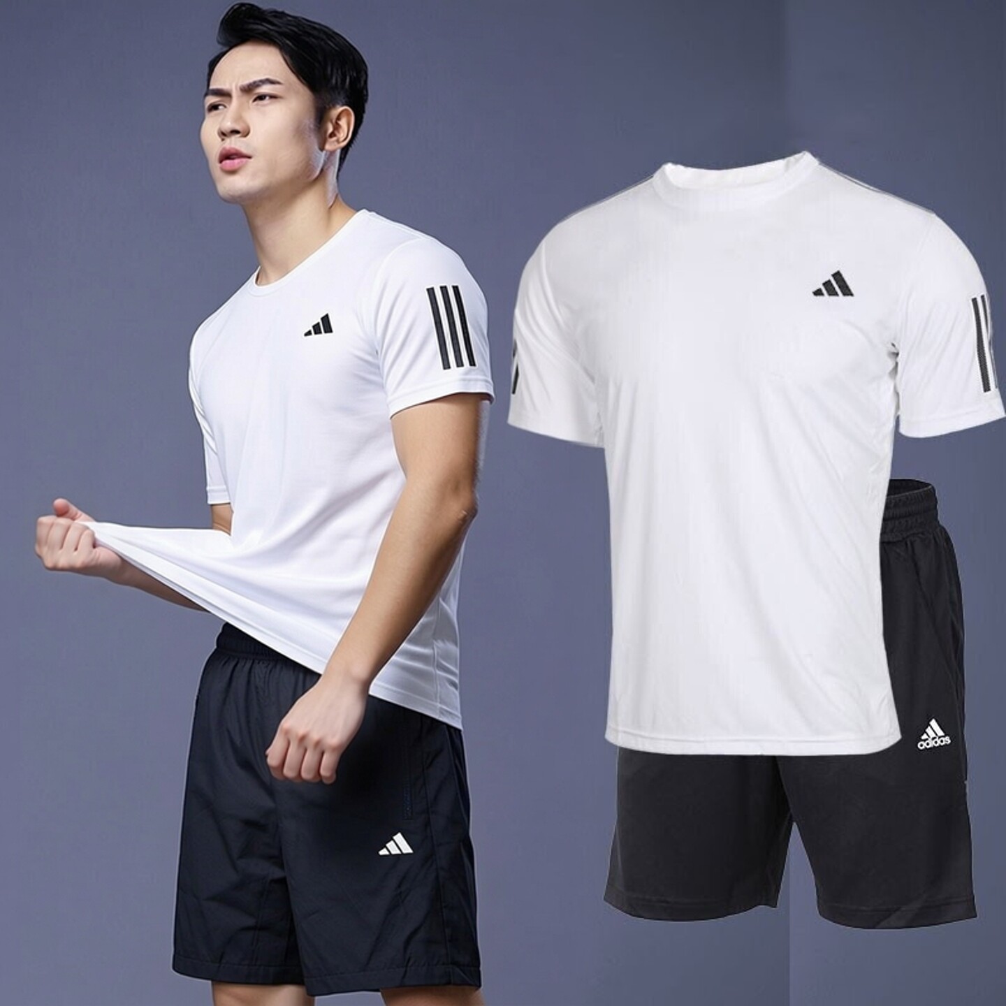 运动套装男adidas阿迪达斯正品速干短袖T恤跑步五分运动裤两件套