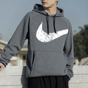 灰色加绒卫衣Nike耐克正品连帽外套冬季新款保暖上衣男子厚运动装