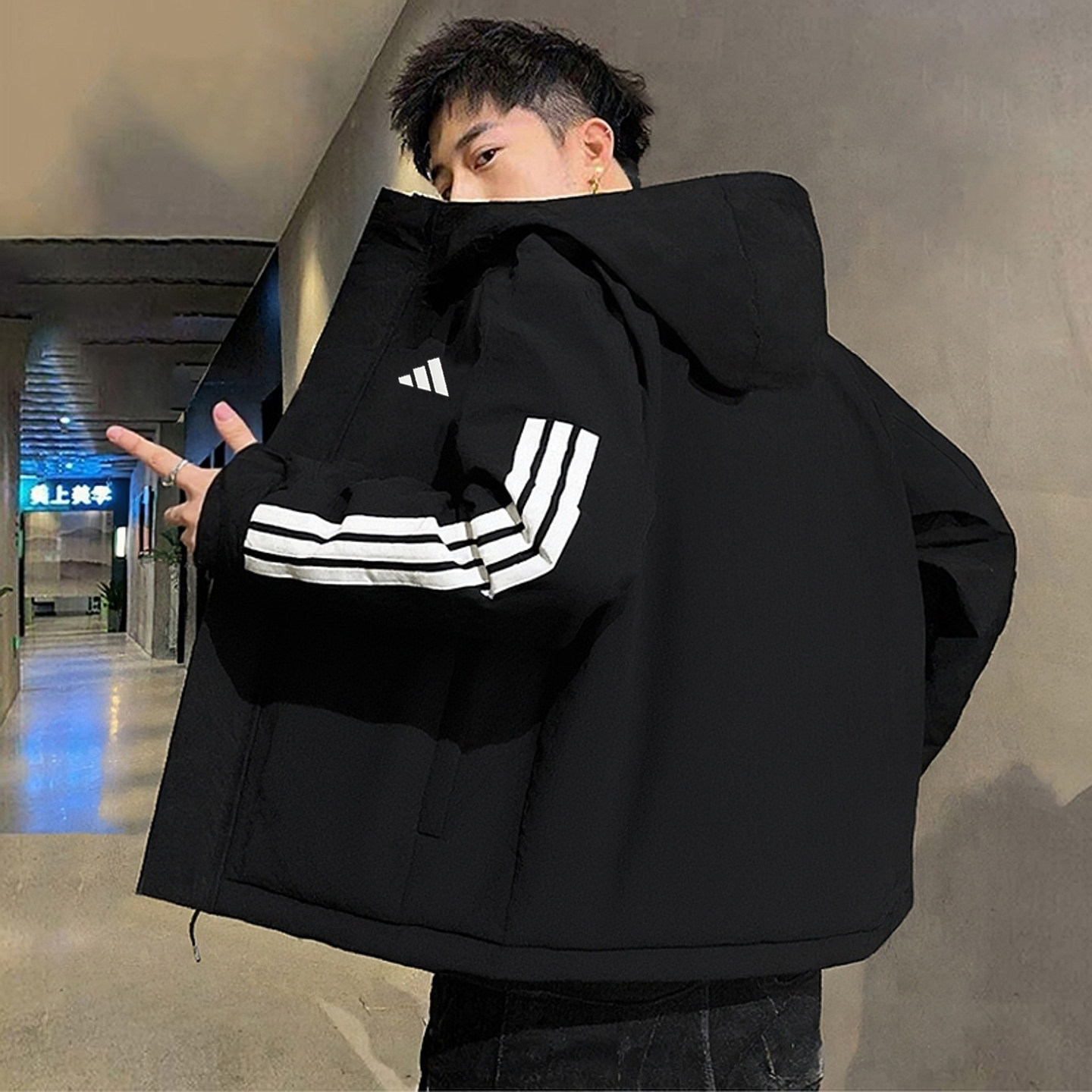 阿迪达斯黑色棉服男冬季新款大码保暖棉袄运动加厚外套男士防风衣