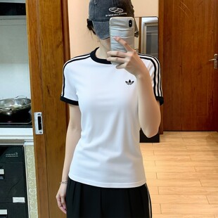 棉质复古修身 新款 显瘦复古上衣白色T恤 女夏季 阿迪达斯三叶草短袖