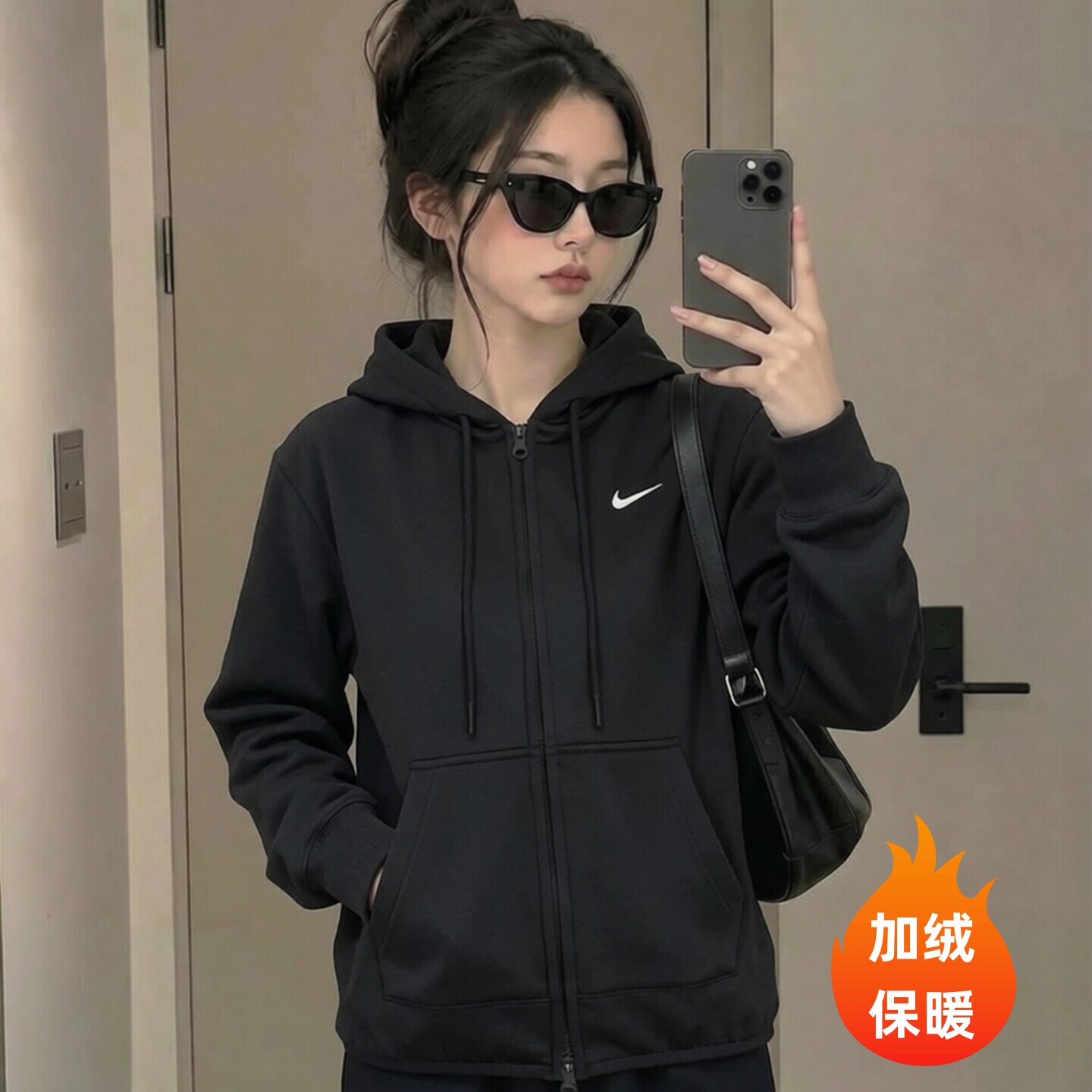 Nike耐克针织加绒外套女士韩系宽松上衣百搭保暖运动装新款夹克潮