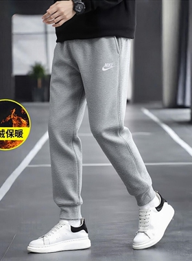 Nike耐克裤子冬季新款加绒长裤灰色运动裤保暖男裤针织小脚裤卫裤