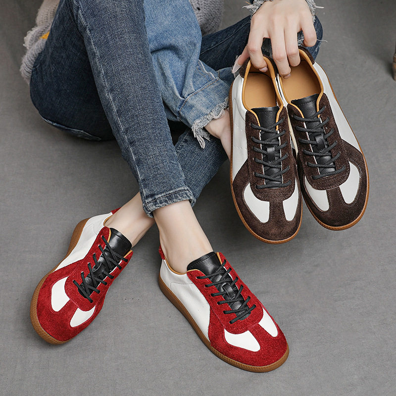 头层牛皮红色德训鞋女百搭舒适2025秋款复古轻透气舒适休闲平底鞋,女鞋,时尚休闲鞋,淘宝优惠券,粉丝福利购,淘宝优惠卷